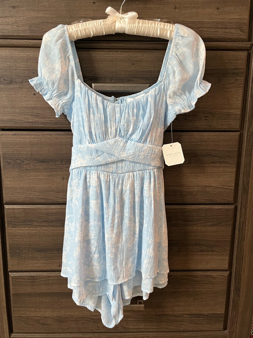 Altar'd State Light Blue Floral Puff-Sleeve Tiered Dress